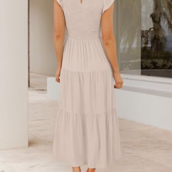 Flutter Sleeve Smocked Midi Dress Tiered Skirt Elastic Waist Cottagecore Chic - Picture 5 of 8